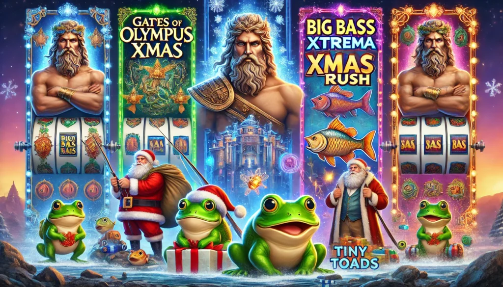 2024'ün en popüler slot oyunlarını temsil eden renkli bir görsel. Gates of Olympus Xmas, Big Bass Xmas Xtreme, Santa’s Xmas Rush ve Tiny Toads temaları, casino atmosferiyle birleşiyor.