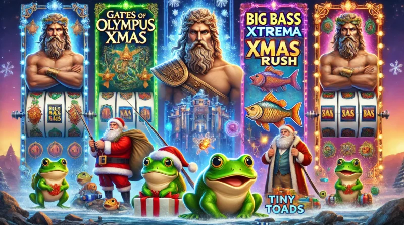 2024'ün en popüler slot oyunlarını temsil eden renkli bir görsel. Gates of Olympus Xmas, Big Bass Xmas Xtreme, Santa’s Xmas Rush ve Tiny Toads temaları, casino atmosferiyle birleşiyor.