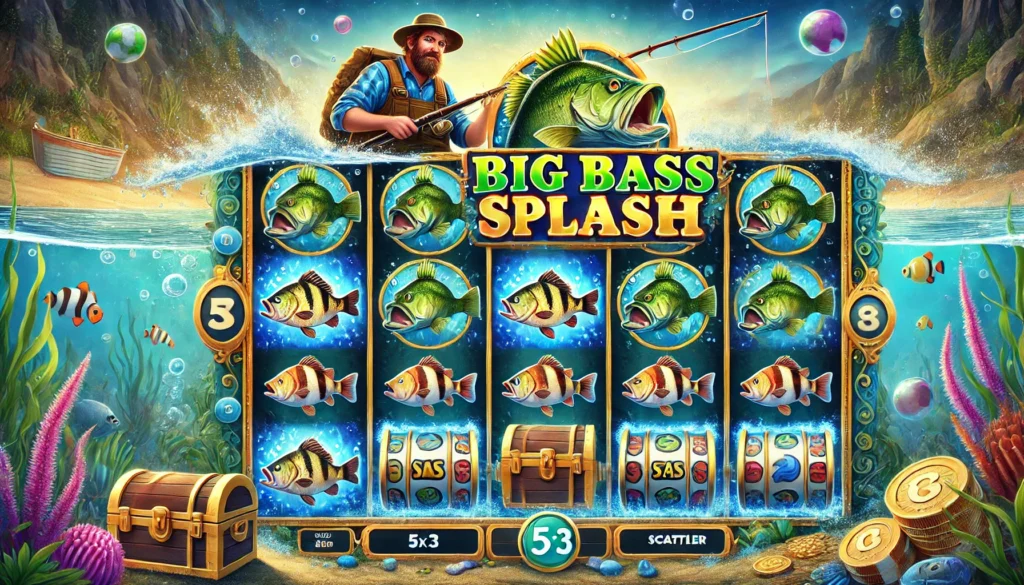 Big Bass Splash slot oyununu gösteren, balık sembolleri, bir balıkçı ve deniz altı temasıyla dolu renkli bir görsel.