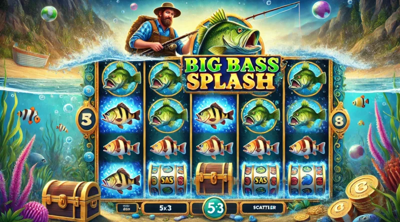 Big Bass Splash slot oyununu gösteren, balık sembolleri, bir balıkçı ve deniz altı temasıyla dolu renkli bir görsel.