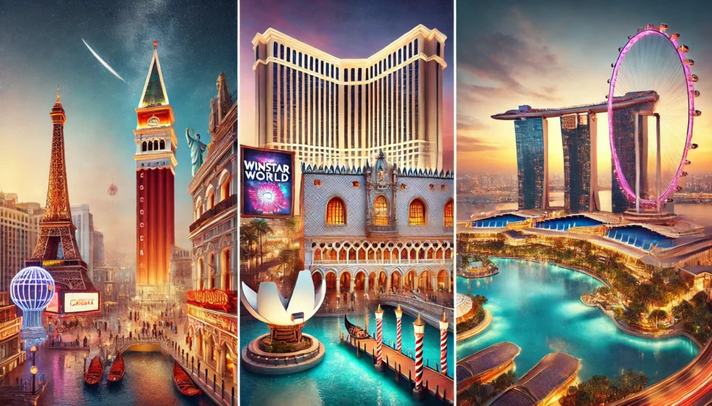 Dünyanın en büyük kumarhaneleri: The Venetian Macao, WinStar World Casino ve Marina Bay Sands'in ikonik tasarımları.