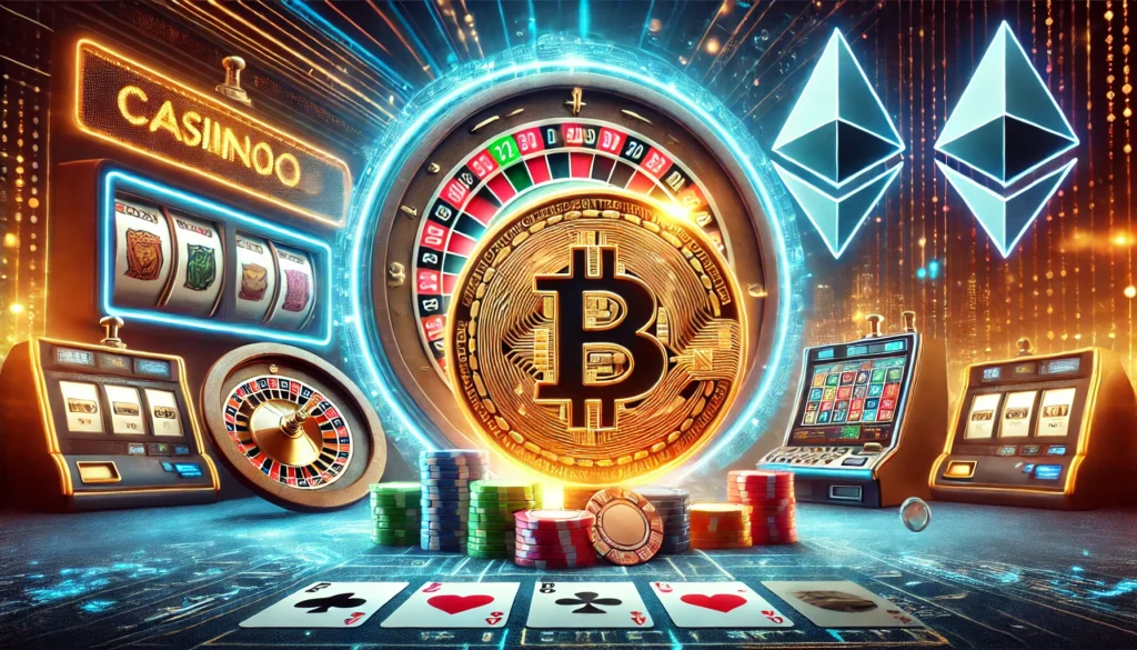 Kripto para temalı casino görüntüsü: Önde parlayan Bitcoin ve Ethereum simgeleri, dijital cüzdan, arkada rulet çarkı, slot makinesi ve poker fişleri ile teknolojik ve geleceğe yönelik bir tasarım.