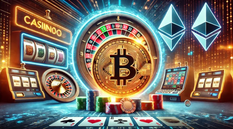 Kripto para temalı casino görüntüsü: Önde parlayan Bitcoin ve Ethereum simgeleri, dijital cüzdan, arkada rulet çarkı, slot makinesi ve poker fişleri ile teknolojik ve geleceğe yönelik bir tasarım.