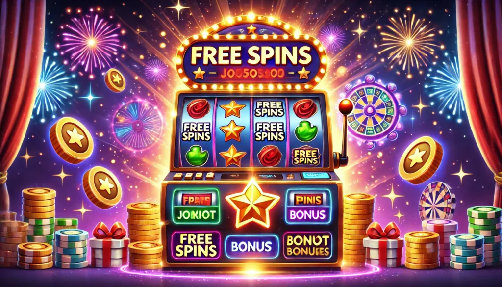 Free spin bonuslarını ve kazanç fırsatlarını simgeleyen bir slot makinesi: Parlayan "Free Spins" yazıları, renkli semboller ve eğlenceli bir atmosfer ile dikkat çeken görsel.