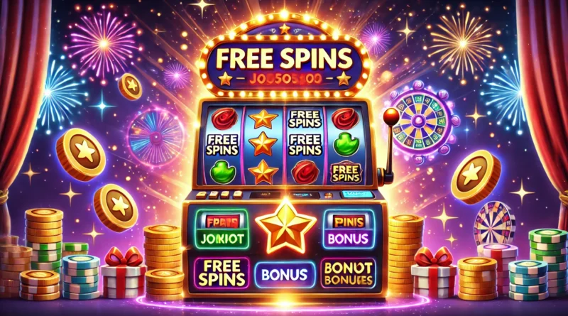 Free spin bonuslarını ve kazanç fırsatlarını simgeleyen bir slot makinesi: Parlayan "Free Spins" yazıları, renkli semboller ve eğlenceli bir atmosfer ile dikkat çeken görsel.