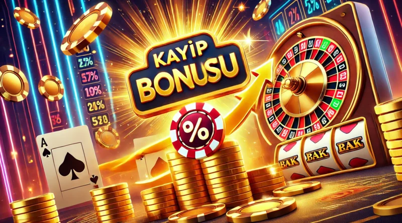 Online casino kayıp bonuslarını simgeleyen bu görsel, altın paralar, yükselen yüzdelik semboller ve casino temalı öğelerle kazanç fırsatlarını vurguluyor.