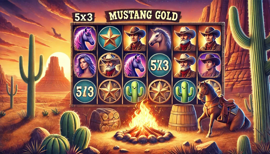 Mustang Gold slot oyununu gösteren, kovboylar, atlar ve kamp ateşi sembolleriyle dolu 5x3 makara düzeni; Vahşi Batı temalı çöl manzarası arka planında gün batımı ile.