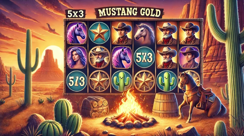 Mustang Gold slot oyununu gösteren, kovboylar, atlar ve kamp ateşi sembolleriyle dolu 5x3 makara düzeni; Vahşi Batı temalı çöl manzarası arka planında gün batımı ile.