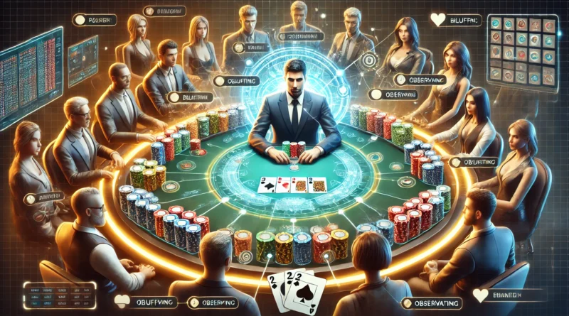 Online poker oyunu sırasında sanal bir poker masası; farklı stratejiler sergileyen çeşitli oyuncu avatarları ve masada renkli fişler ile kartlar.