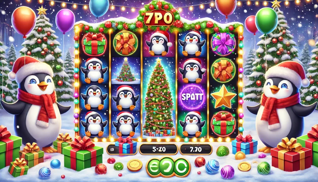 Noel temalı slot makinesi, neşeli penguenler, renkli balonlar ve karla kaplı bir arka planla dolu eğlenceli bir arayüz.