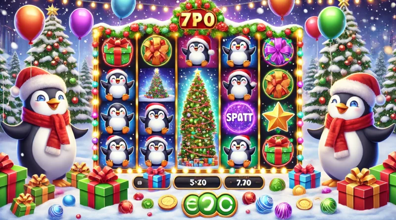 Noel temalı slot makinesi, neşeli penguenler, renkli balonlar ve karla kaplı bir arka planla dolu eğlenceli bir arayüz.