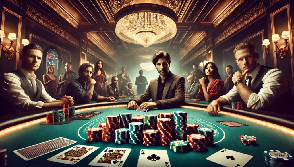 Lüks bir casino ortamında, geniş ekran formatında tasvir edilen yüksek bahisli bir poker oyunu sahnesi.