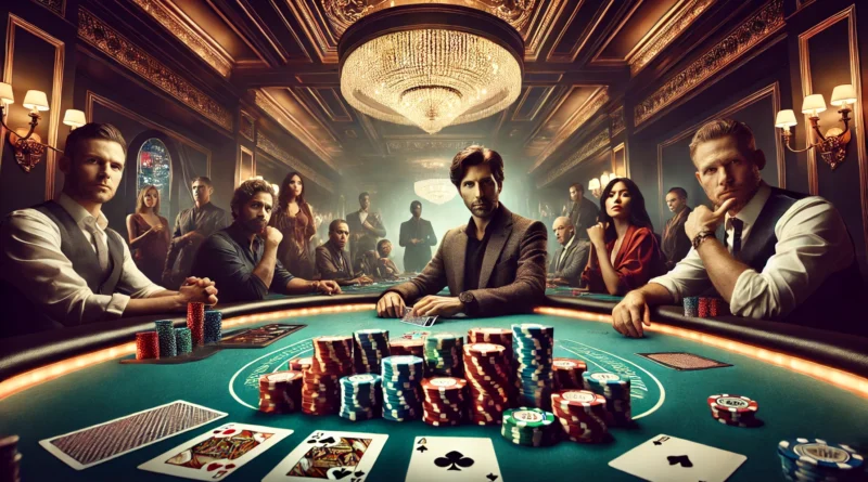 Lüks bir casino ortamında, geniş ekran formatında tasvir edilen yüksek bahisli bir poker oyunu sahnesi.