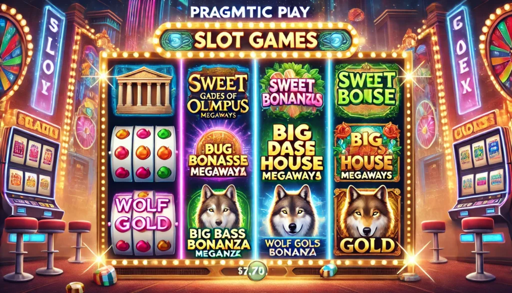 Pragmatic Play’in popüler slot oyunlarını temsil eden bir görsel: Gates of Olympus, Sweet Bonanza, The Dog House Megaways, Big Bass Bonanza ve Wolf Gold gibi oyunların sembolleri ile canlı ve çekici bir casino teması.