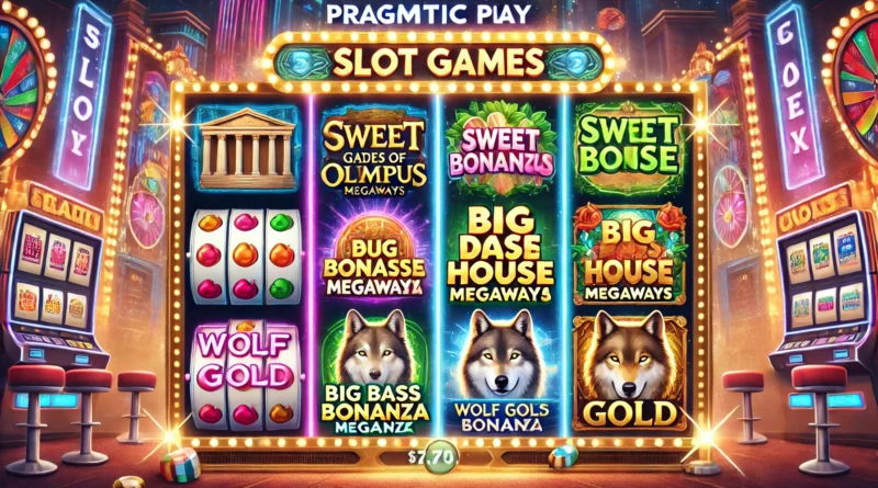 Pragmatic Play’in popüler slot oyunlarını temsil eden bir görsel: Gates of Olympus, Sweet Bonanza, The Dog House Megaways, Big Bass Bonanza ve Wolf Gold gibi oyunların sembolleri ile canlı ve çekici bir casino teması.