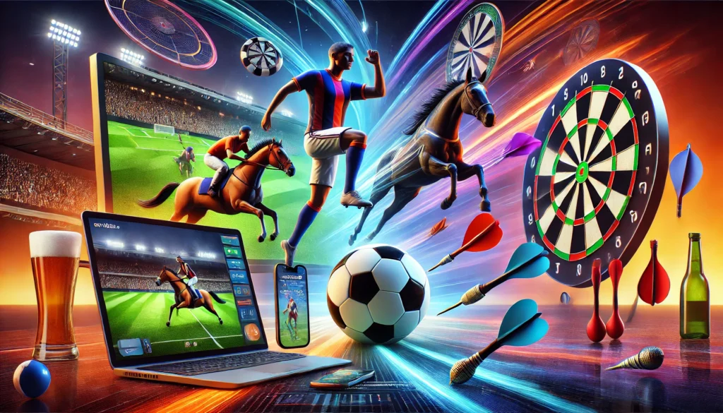 Pragmatic Play sanal sporlarını temsil eden, futbol, at yarışı ve darts oyunlarını içeren renkli ve modern bir görsel.