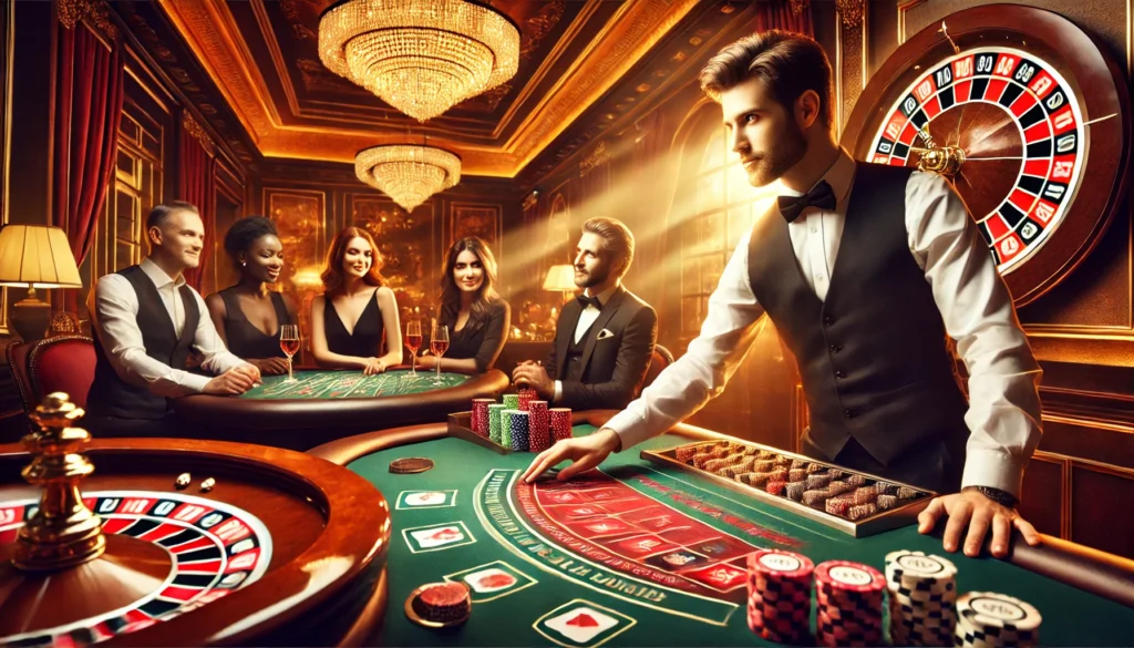 Canlı krupiyeli oyun sahnesi: Blackjack masasındaki profesyonel bir krupiye, zarif oyuncular, arkada dönen bir rulet çarkı ve şık bir casino atmosferi.