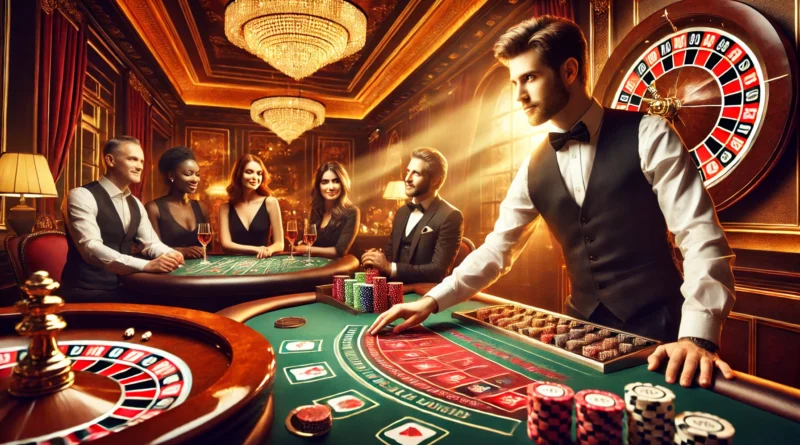 Canlı krupiyeli oyun sahnesi: Blackjack masasındaki profesyonel bir krupiye, zarif oyuncular, arkada dönen bir rulet çarkı ve şık bir casino atmosferi.