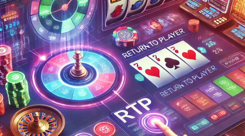 Bir casino oyuncusunun RTP oranlarını incelediği bir ekranın detaylı görüntüsü. Arka planda popüler slot makineleri ve video poker oyunları, modern bir casino arayüzünde öne çıkıyor.