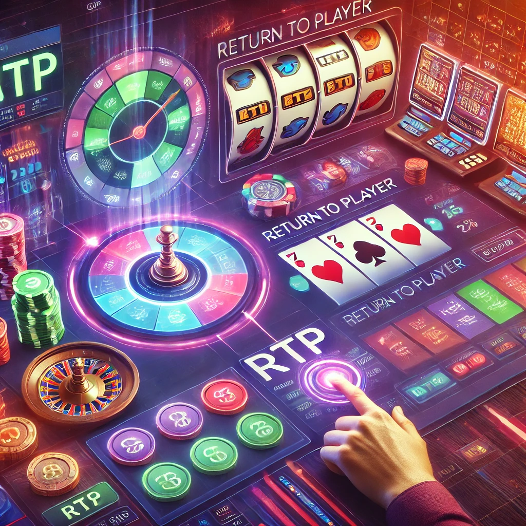 Bir casino oyuncusunun RTP oranlarını incelediği bir ekranın detaylı görüntüsü. Arka planda popüler slot makineleri ve video poker oyunları, modern bir casino arayüzünde öne çıkıyor.