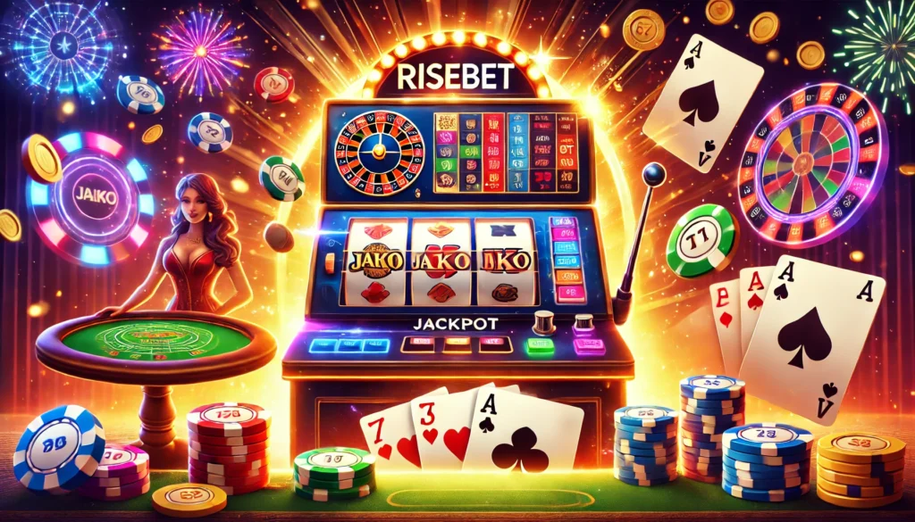 Risebet'te popüler oyunları temsil eden bir görsel: Dönen makaralarla bir slot makinesi, poker masasında fişler ve kartlar, blackjack masasında bir kazanan el ile kazanç ve eğlence dolu bir atmosfer.