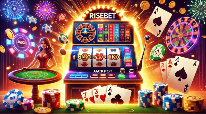 Risebet'te popüler oyunları temsil eden bir görsel: Dönen makaralarla bir slot makinesi, poker masasında fişler ve kartlar, blackjack masasında bir kazanan el ile kazanç ve eğlence dolu bir atmosfer.