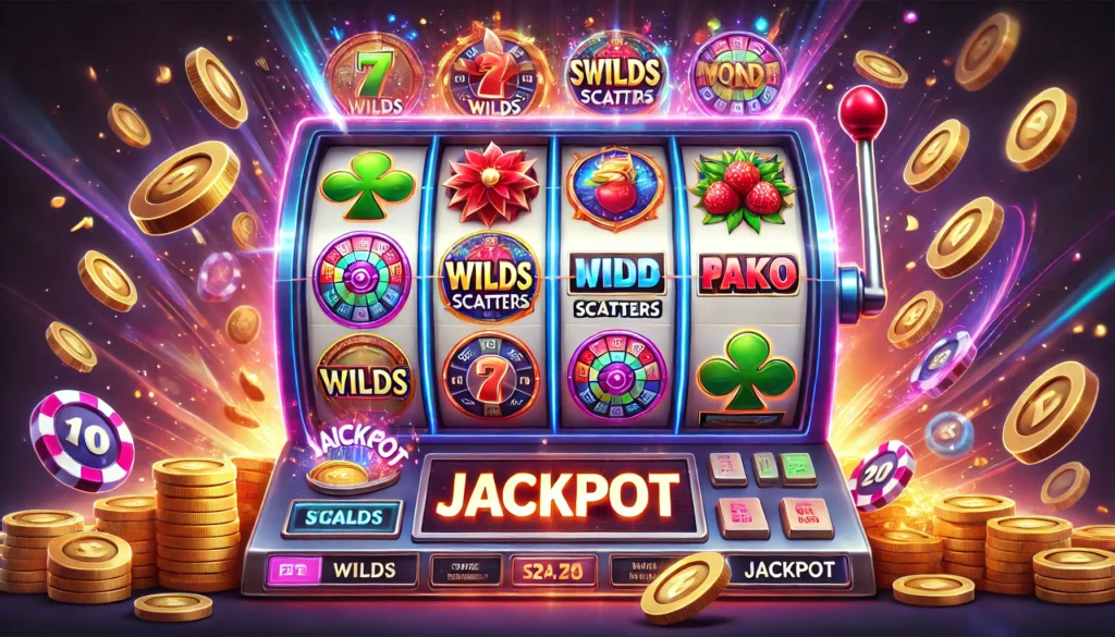 Slot oyunlarında Wild, Scatter ve Bonus sembollerini vurgulayan, renkli ve kazanç dolu bir slot makinesi teması.