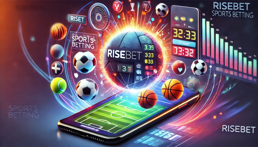 Risebet spor bahislerini ve mobil arayüz deneyimini temsil eden, futbol, basketbol ve tenis gibi spor dallarını dinamik bir şekilde sergileyen yüksek çözünürlüklü dijital görsel.