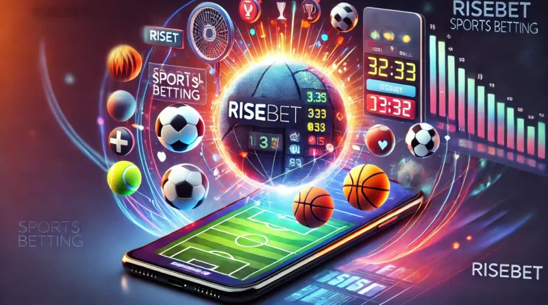 Risebet spor bahislerini ve mobil arayüz deneyimini temsil eden, futbol, basketbol ve tenis gibi spor dallarını dinamik bir şekilde sergileyen yüksek çözünürlüklü dijital görsel.