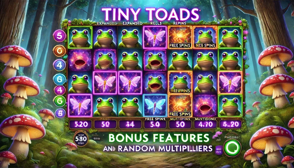 Pragmatic Play'in Tiny Toads slot oyununu temsil eden, mor, kırmızı ve yeşil ateşböcekleriyle dolu 5x4 makara düzeni; büyülü bir orman teması arka planda görülüyor.