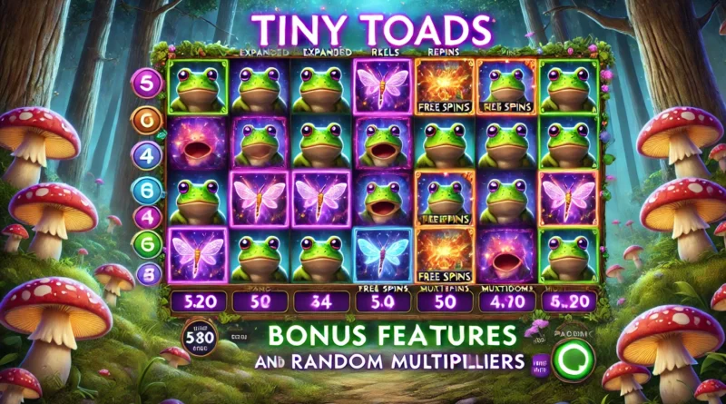 Pragmatic Play'in Tiny Toads slot oyununu temsil eden, mor, kırmızı ve yeşil ateşböcekleriyle dolu 5x4 makara düzeni; büyülü bir orman teması arka planda görülüyor.